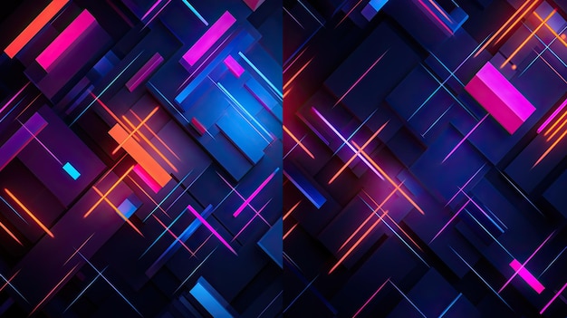 Photo geometric backgrounds with neon cascades and colored lines top view