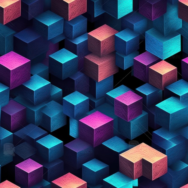 Geometric blue and purple cubes background seamless pattern