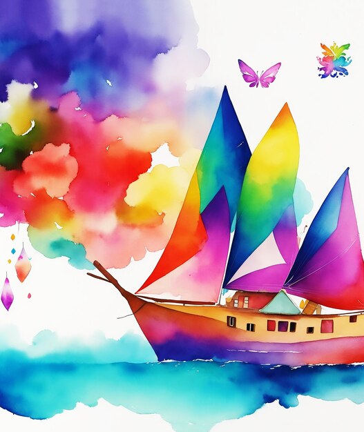 Foto barca geometrica cottage paradiso fiori di farfalla arcobaleno vernice soffice su carta immagine acquerello hd
