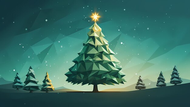Геометрические рождественские елки в снежную ночь с сияющей звездой