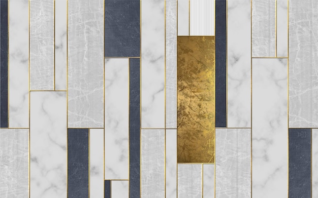 Geometric color blocks and stone patterns, gold line art wall