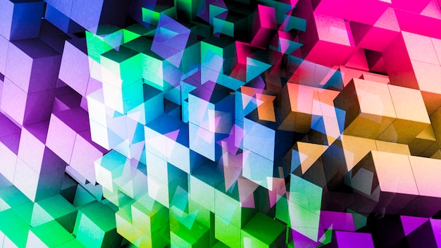 Geometric colorful abstract 3D background of rainbow squares and cubes Science design game backgroun