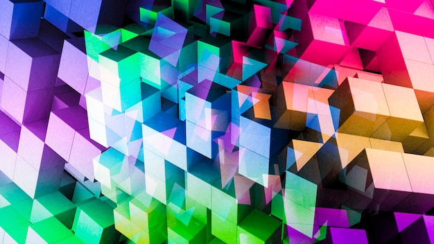 Geometric colorful abstract 3d background of rainbow squares and cubes science design game backgroun