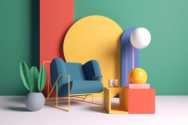 Geometric colourful space sofa room art memphis home interior design armchair Generative AI