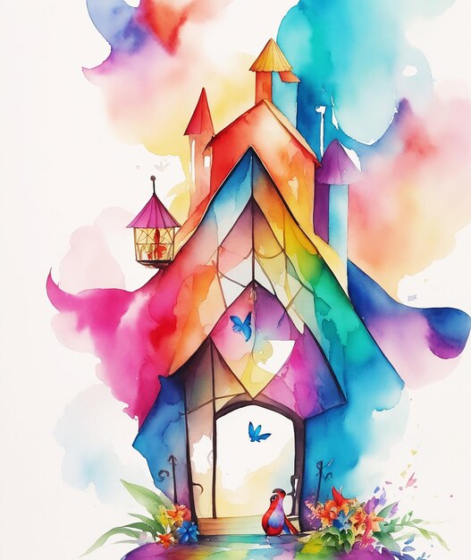 geometric cottage birds paradise butterfly flowers rainbow fluffy paint on paper HD watercolor image
