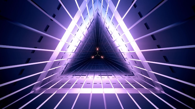 Геометрический темно-фиолетовый туннель треугольной формы с прямыми неоновыми линиями