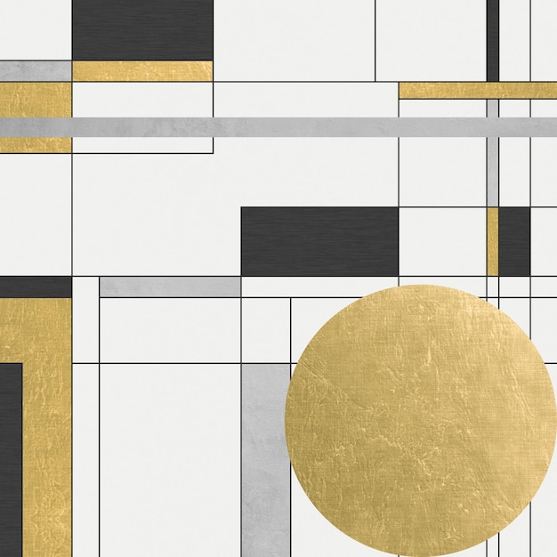 A geometric design with a gold circle and black and white squares.