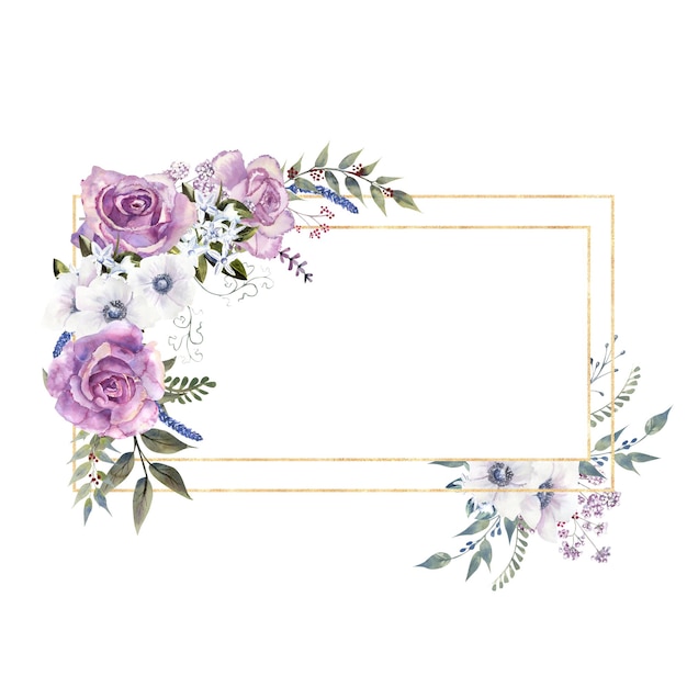 Geometric floral frame with purple roses and anemones in a glass vase on a white isolated background Handdrawn watercolor illustration