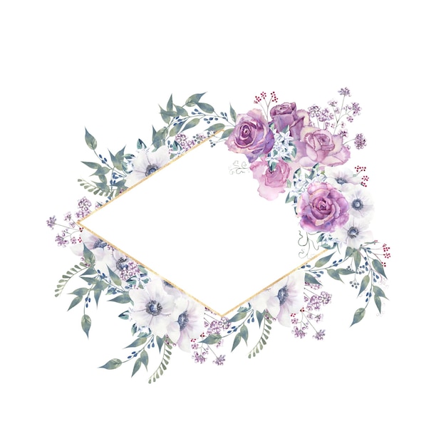 Geometric floral frame with purple roses and anemones in a glass vase on a white isolated background...