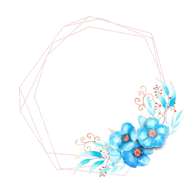 Геометрическая рамка с голубыми цветами чемерицы, бутоны, листья, декоративные веточки на белом изолированном фоне. Букет внизу кадра. Акварельная иллюстрация.