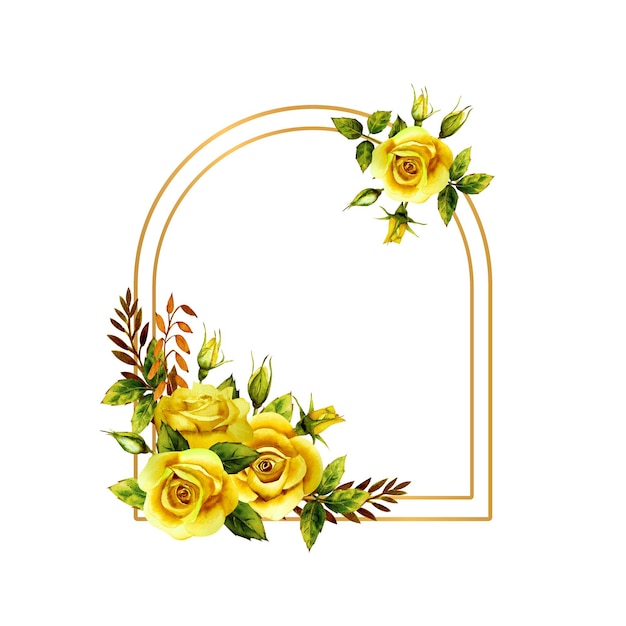 수채화 노란 장미 꽃다발과 기하학적 골드 프레임