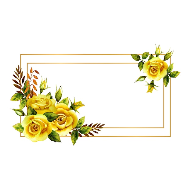 Геометрическая золотая рамка с букетом акварельных желтых роз
