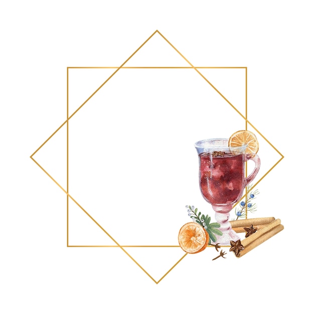 Geometric gold frame with a glass of mulled wine, lemon and winter d cor. Watercolor illustration