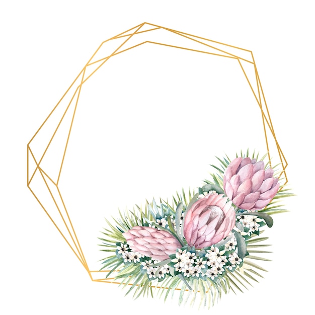 Photo geometric gold frame with protea flowers