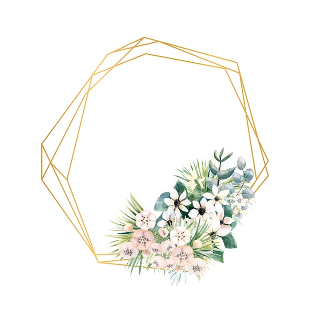 Geometric gold frame with small flowers of actinidia, bouvardia, tropical and palm leaves