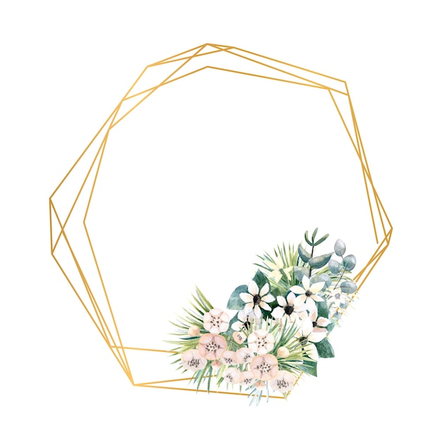 Geometric gold frame with small flowers of actinidia, bouvardia, tropical and palm leaves