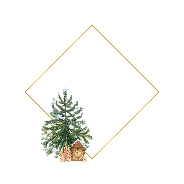 Geometric gold frame with a Watercolor Christmas tree candles holly flowers and winter decor