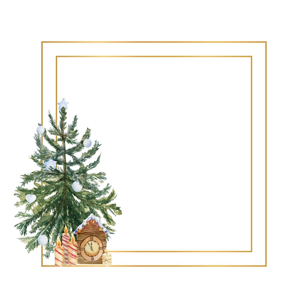 Geometric gold frame with a Watercolor Christmas tree candles holly flowers and winter decor