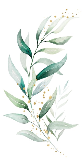 Geometric golden bouquet made of green watercolor eucalyptus leaves wedding illustration