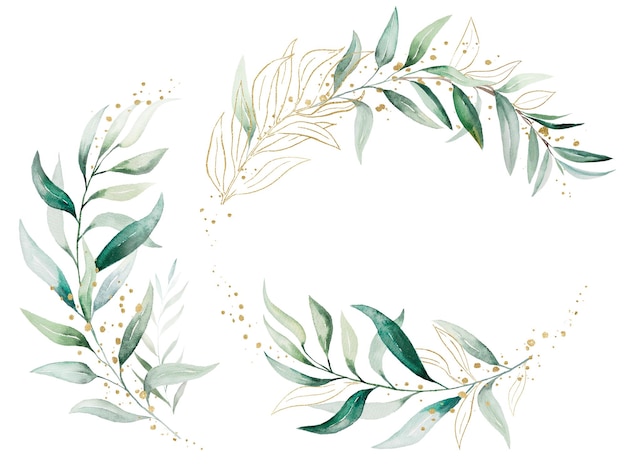 Geometric golden bouquets made of green watercolor eucalyptus leaves wedding illustration