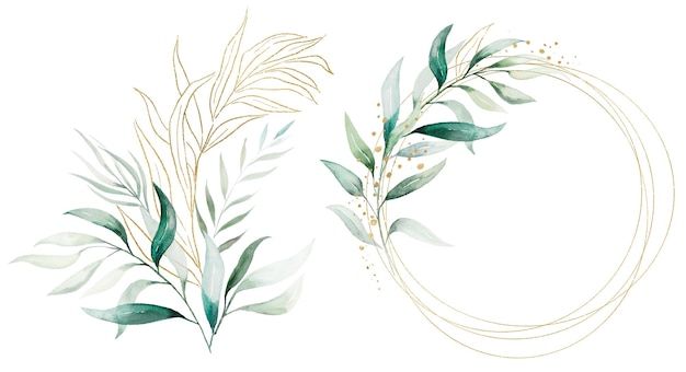 녹색 수채화 유칼립투스로 만든 기하학적 황금 프레임과 꽃다발은 결혼식 그림을 남깁니다.
