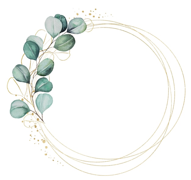 緑の水彩ユーカリの葉の結婚式のイラストで作られた幾何学的なゴールデン フレーム