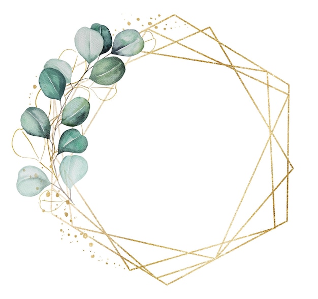 Geometric golden frame made of green watercolor eucalyptus leaves wedding illustration