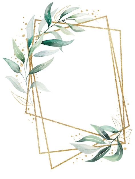 Geometric golden frame made of green watercolor leaves isolated wedding illustration copy space