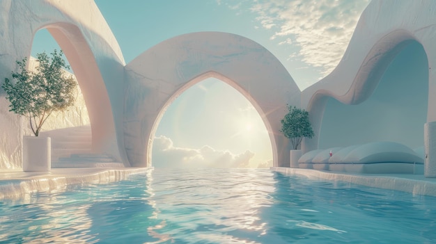 Geometric heart shapes arch with swimming pool in natural day light 3D landscape background with minimal geometric forms