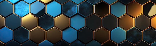 Geometric horizontal background with blue and gold abstract hexagon Generative AI