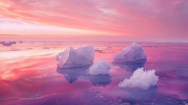 Geometric ice formations floating peacefully in a sea of pink AI generated illustration