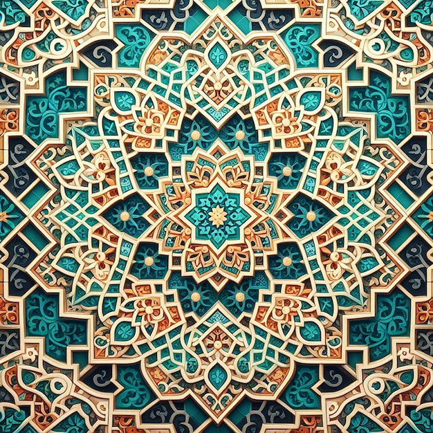 写真 伝統的なティールテラコッタと金の幾何学的なイスラムタイルパターン