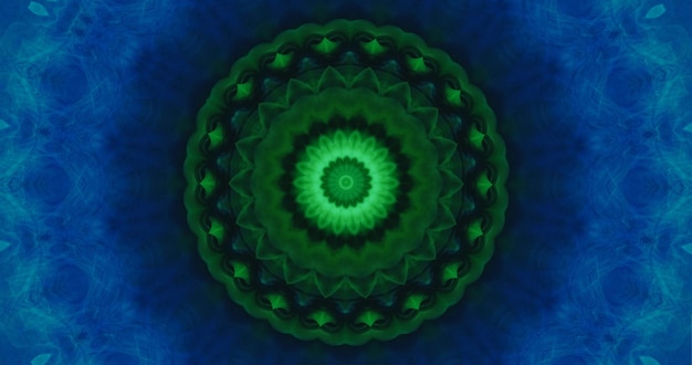 Geometric kaleidoscope mandala design green blue color glowing round shape mirrored creative