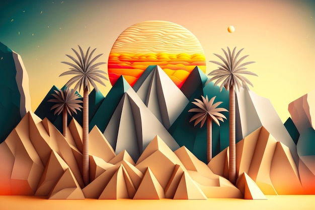 Geometric landscape with palm trees and mountains in form of d abstract