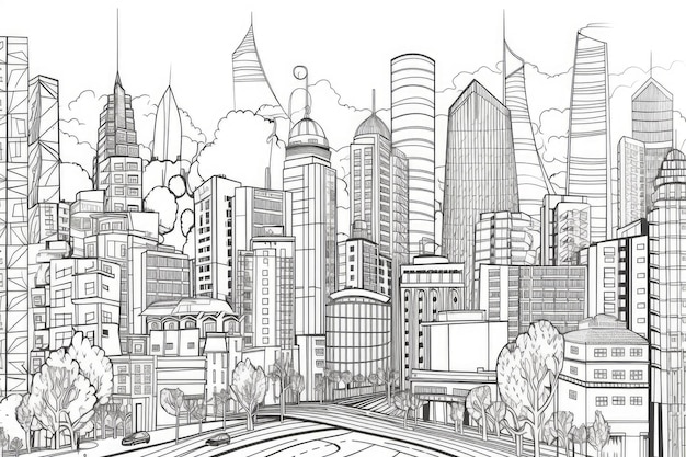 Geometric line art of cityscape with tall buildings and busy streets created with generative ai