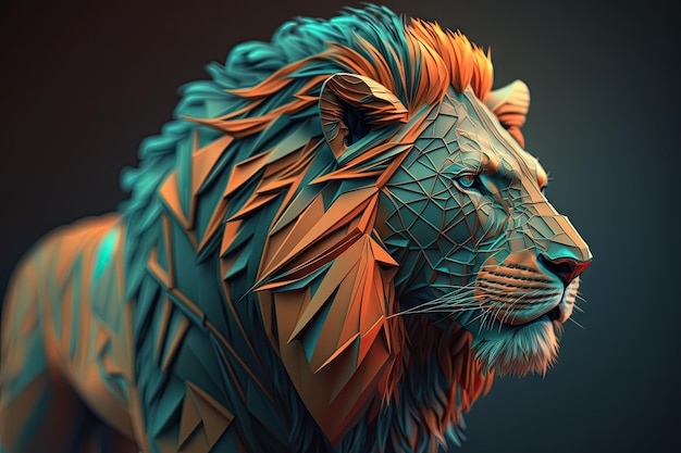 Geometric male lion orange teal realistic High Detail An