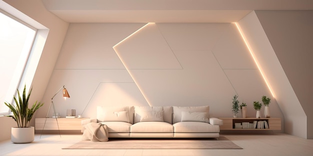 Геометрический минималистичный дизайн интерьера комнаты с чистыми линиями и минимальными декоративными деталями.