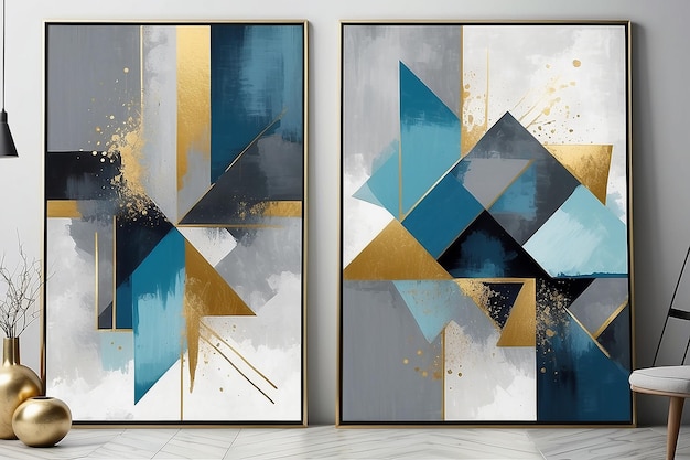 Geometric Modern Art Grey Blue Gold Abstract Print Set