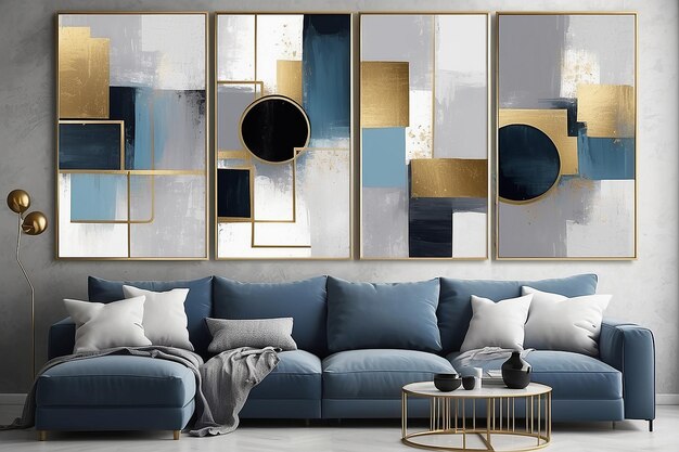 Photo geometric modern art grey blue gold abstract print set