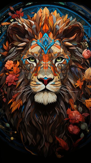 geometric multi color lion digital art