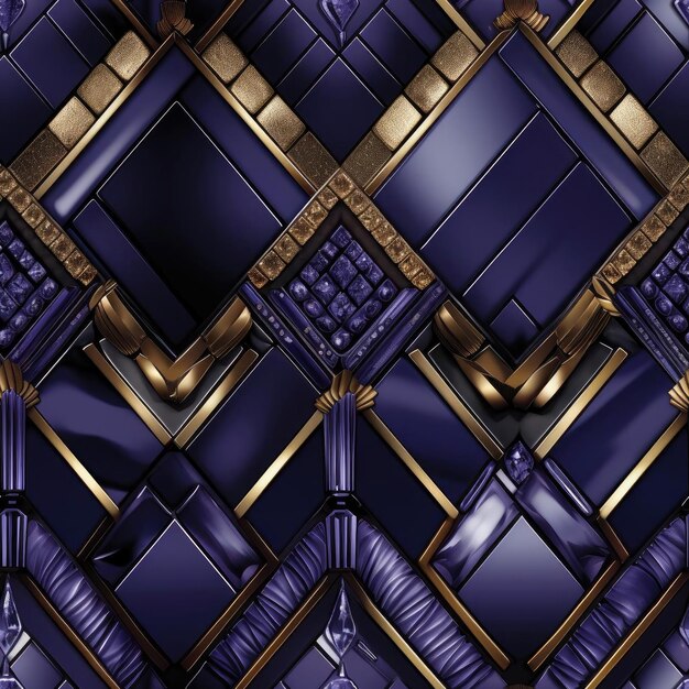 Geometric pattern with gold purple and black elements in realistic trompel'oeil style tiled