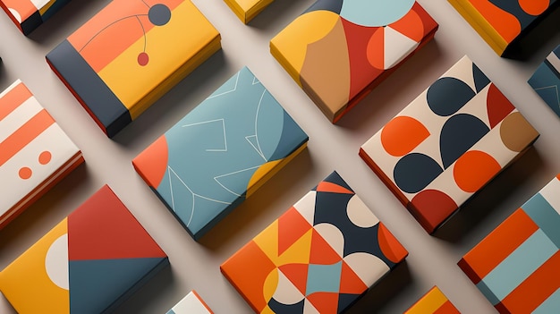 Photo geometric patterned packaging mockup on a white wall