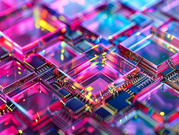 geometric patterns on an quantum computer chip glowing with vibrant colors and reflecting off its surface symbolizing advanced technology and artificial intelligence