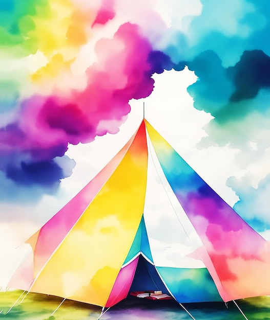 geometric picnic spot tent and trees rainbow fluffy background paint on paper HD watercolor image