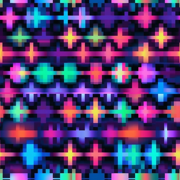 Geometric pixel pattern background radiant neon pattern symmetrical design tiled mosaic pattern