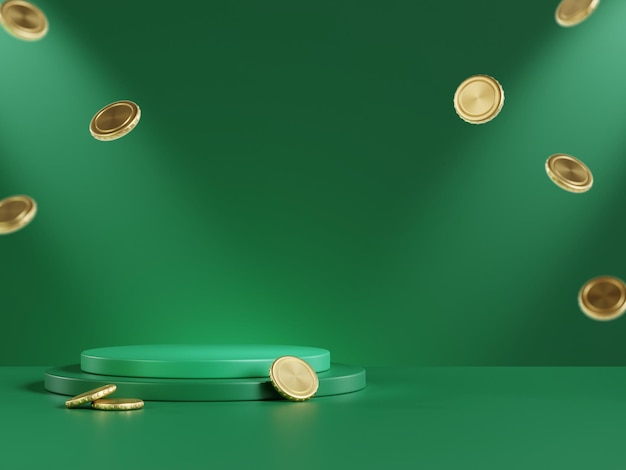 Geometric podium with coins for product display on green background 3d rendering