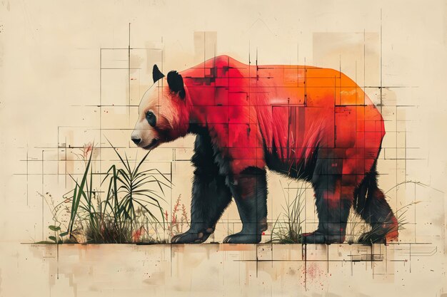 Foto il panda rosso geometrico si fonde con elementi urbani astratti in un'opera d'arte moderna