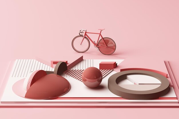 Geometric Shape of Bike Sport Concept in pastel pink colour tone 3d Rendering