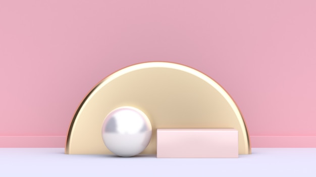 geometric shape form white sphere gold semi circle, round soft pink square white floor pink background-wall abstract minimal background-scene 3d rendering