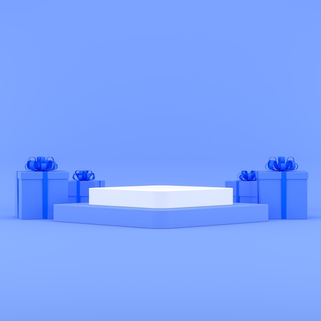 Geometric shape podium and gift boxes with blue color concept Copy Space for product presentation display